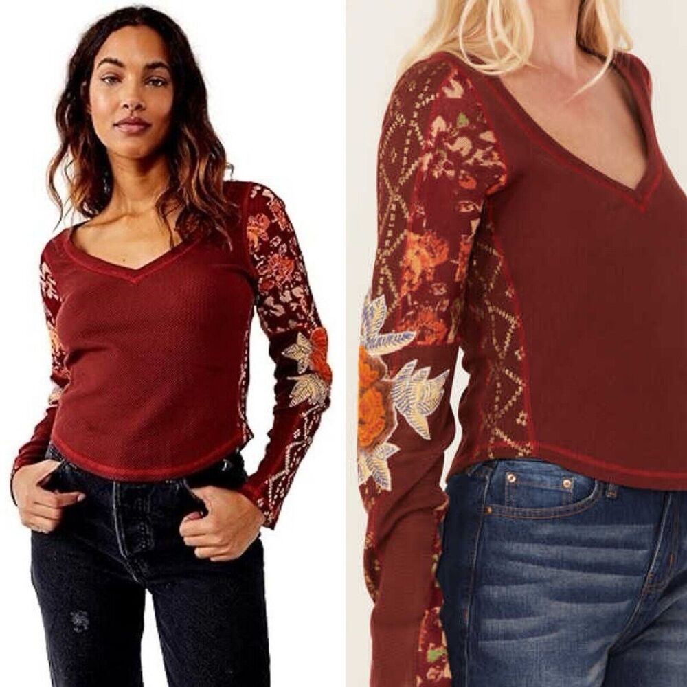 Free People Amara Embroidered Thermal Floral In Garnet Grotto S
